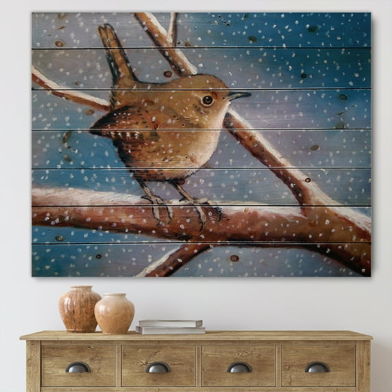 Designart 'Wren Bird On Branch In Winter' Farmhouse Print on Natural Pine Wood