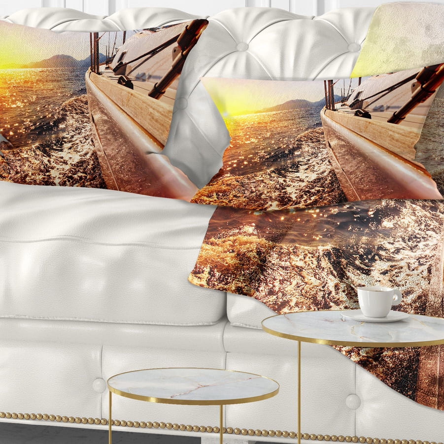Designart Yacht Sailing against Sunset - Seashore Throw Pillow - 12x20