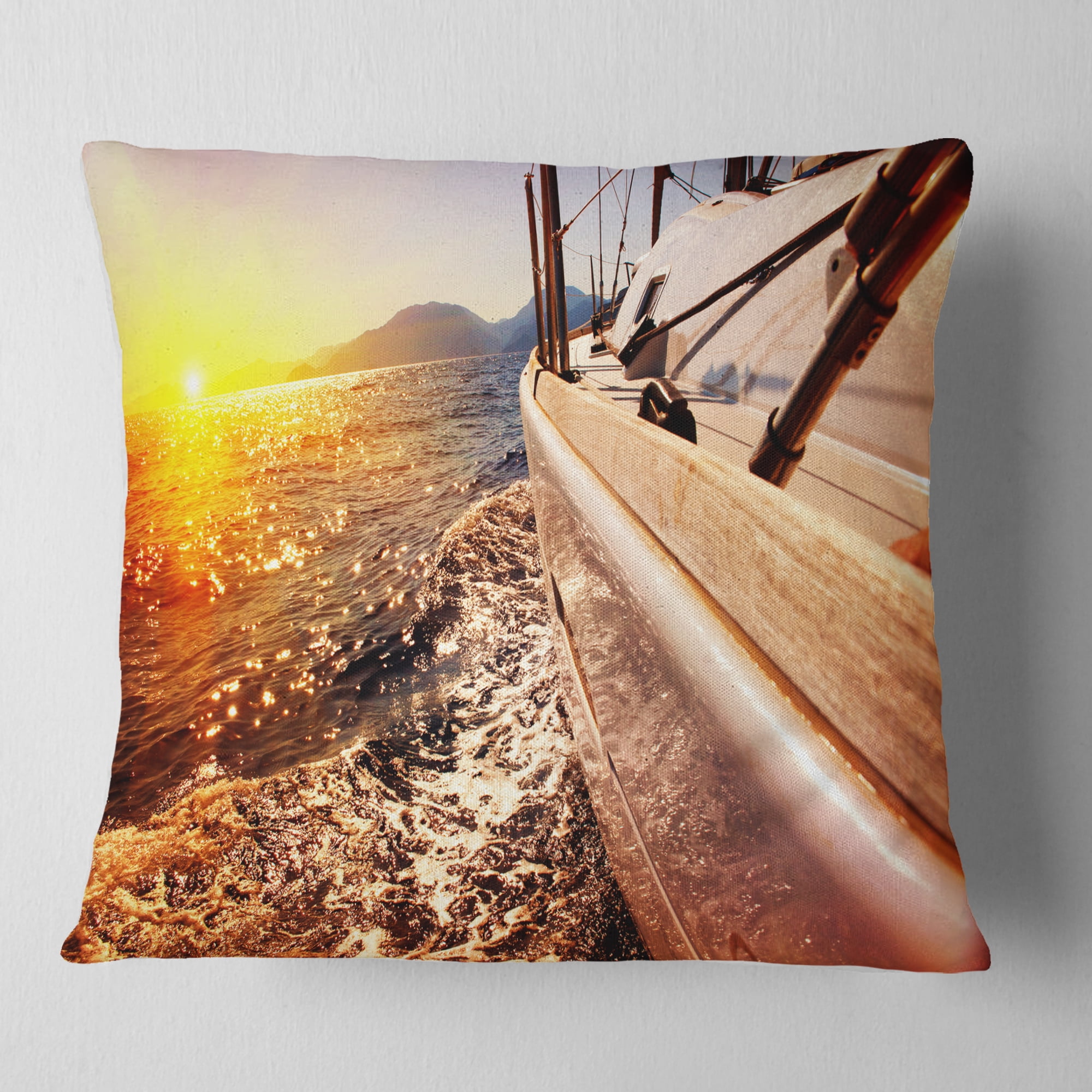 Designart Yacht Sailing against Sunset - Seashore Throw Pillow - 18x18