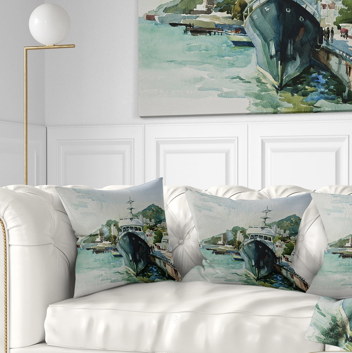 Designart Yacht in Port Yalta - Landscape Printed Throw Pillow - 18x18