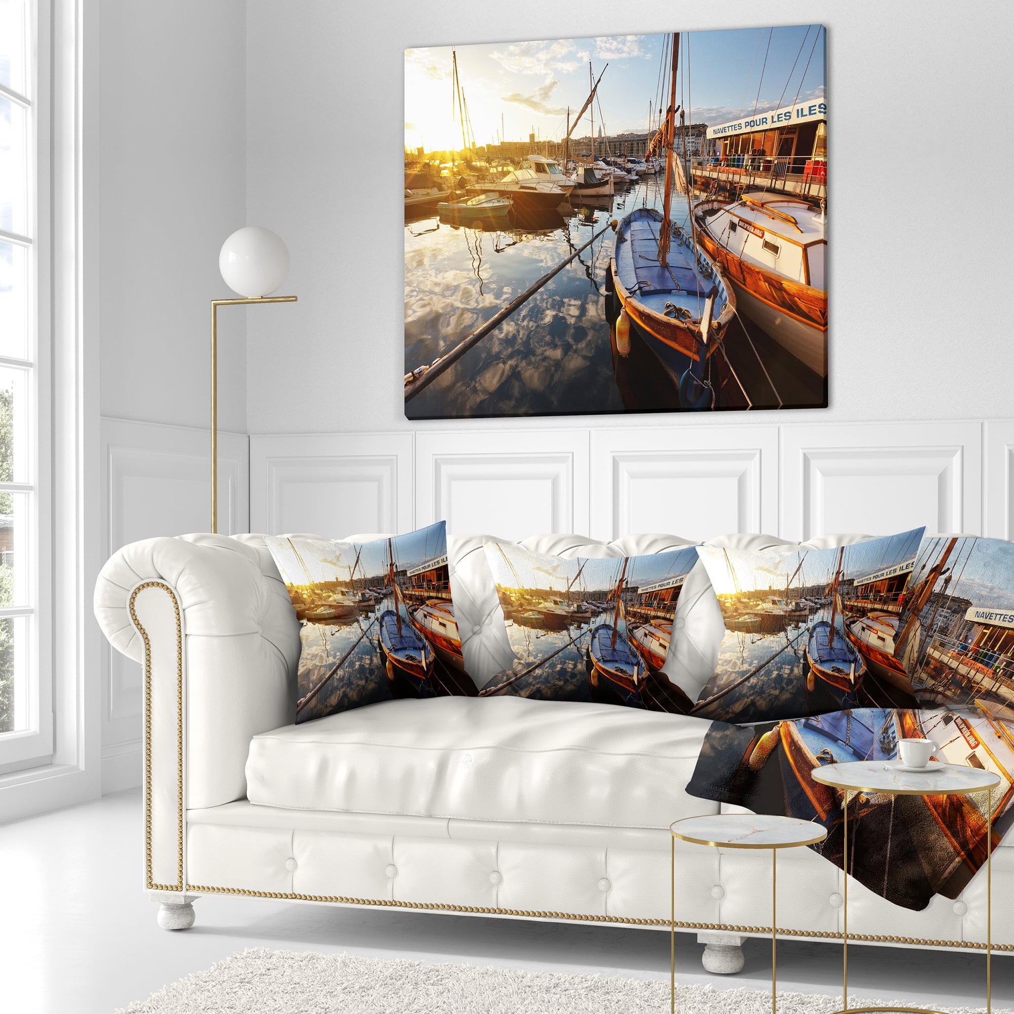 Designart Yachts at Sea Port of Marseille - Boat Throw Pillow - 16x16