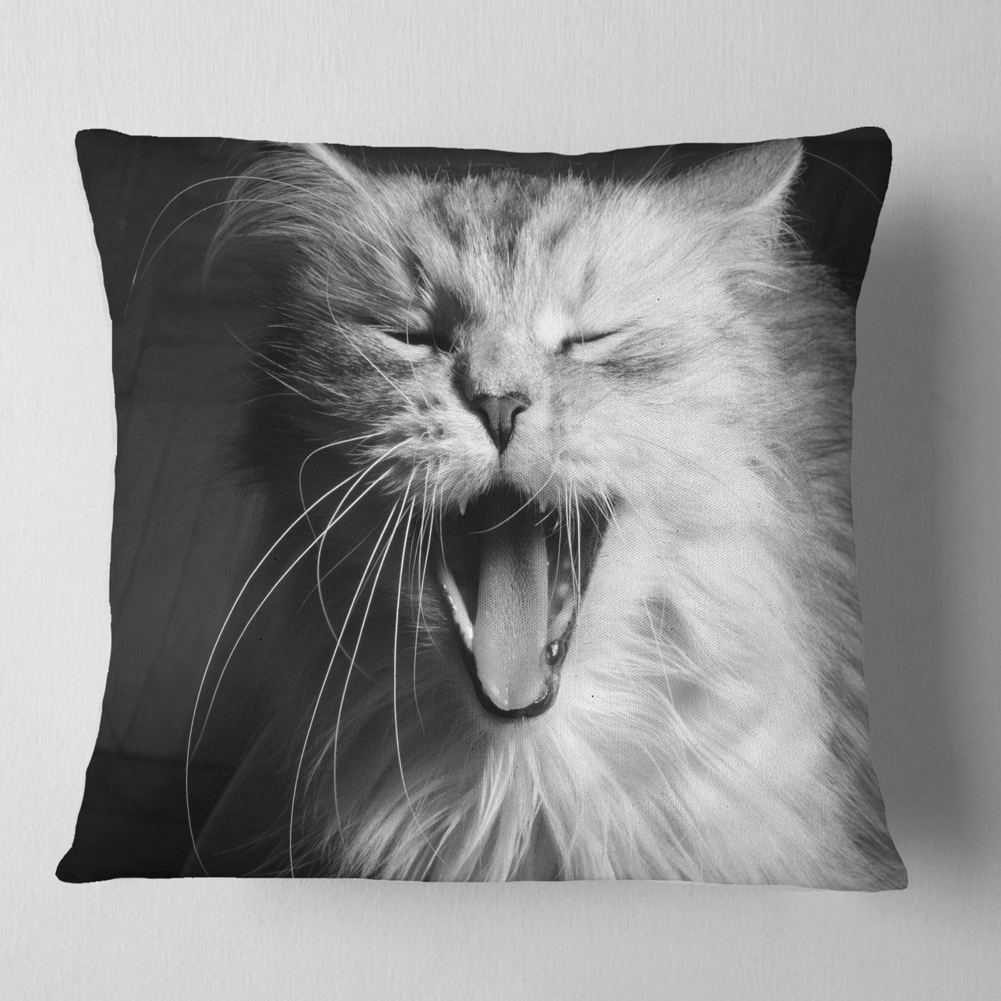 Designart Yawning White Cat - Animal Throw Pillow - 16x16