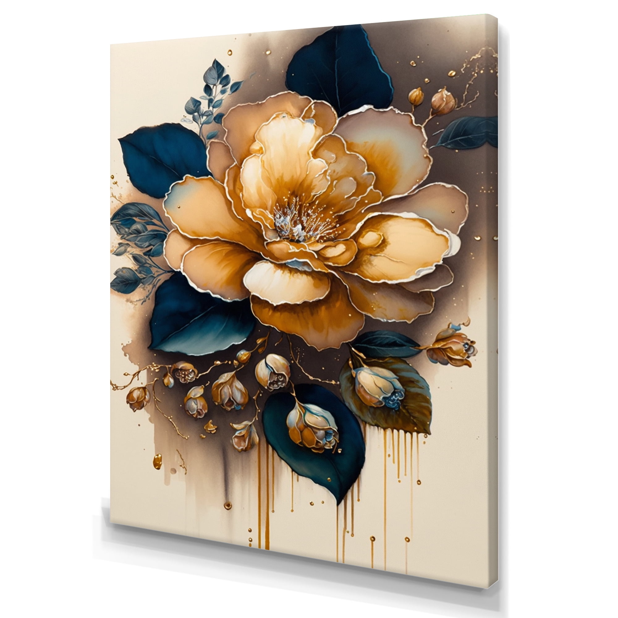 Designart Yellow And Dark Blue Camellia Flower I Canvas Wall Art