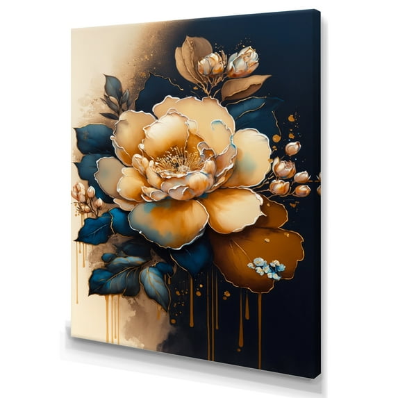 Designart Yellow And Dark Blue Camellia Flower II Canvas Wall Art
