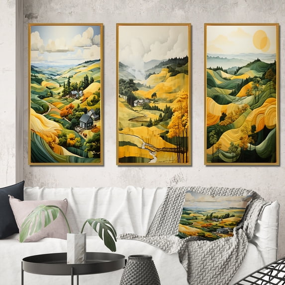 Designart "Yellow And Green Pastoral Bold horizon VIII" Countryside Framed Wall Art Set Of 3 - Yellow Countryside Frame Gallery Wall Set For Home Decor