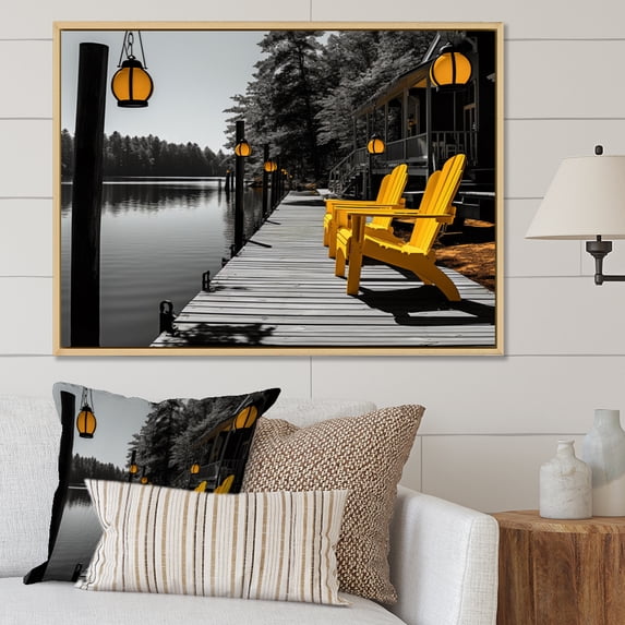 Designart "Yellow And Grey Lakehouse Dockside Charm I" Landscapes Floater Framed Canvas Wall Art