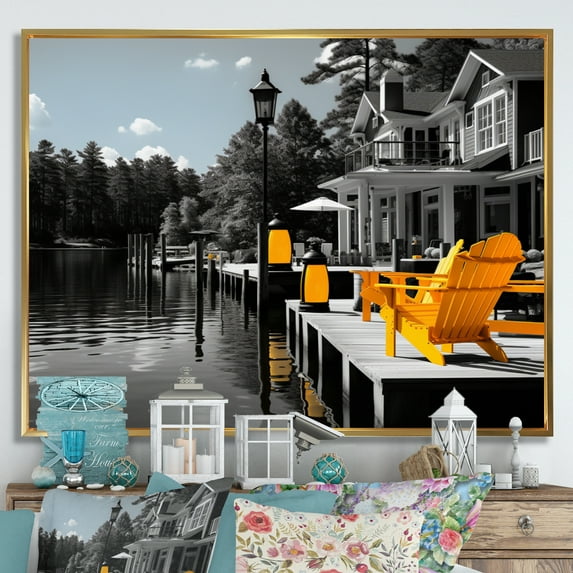 Designart "Yellow And Grey Lakehouse Dockside Charm II" Landscapes Floater Framed Canvas Print