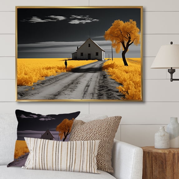 Designart "Yellow And Grey Rural Monochrome" Meadow Floater Framed Wall Art Prints