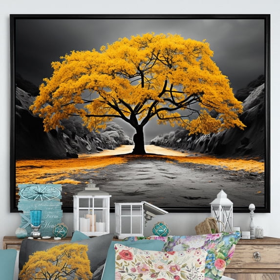 Designart "Yellow And Grey Tree euphony" Floral Floater Framed Canvas Print