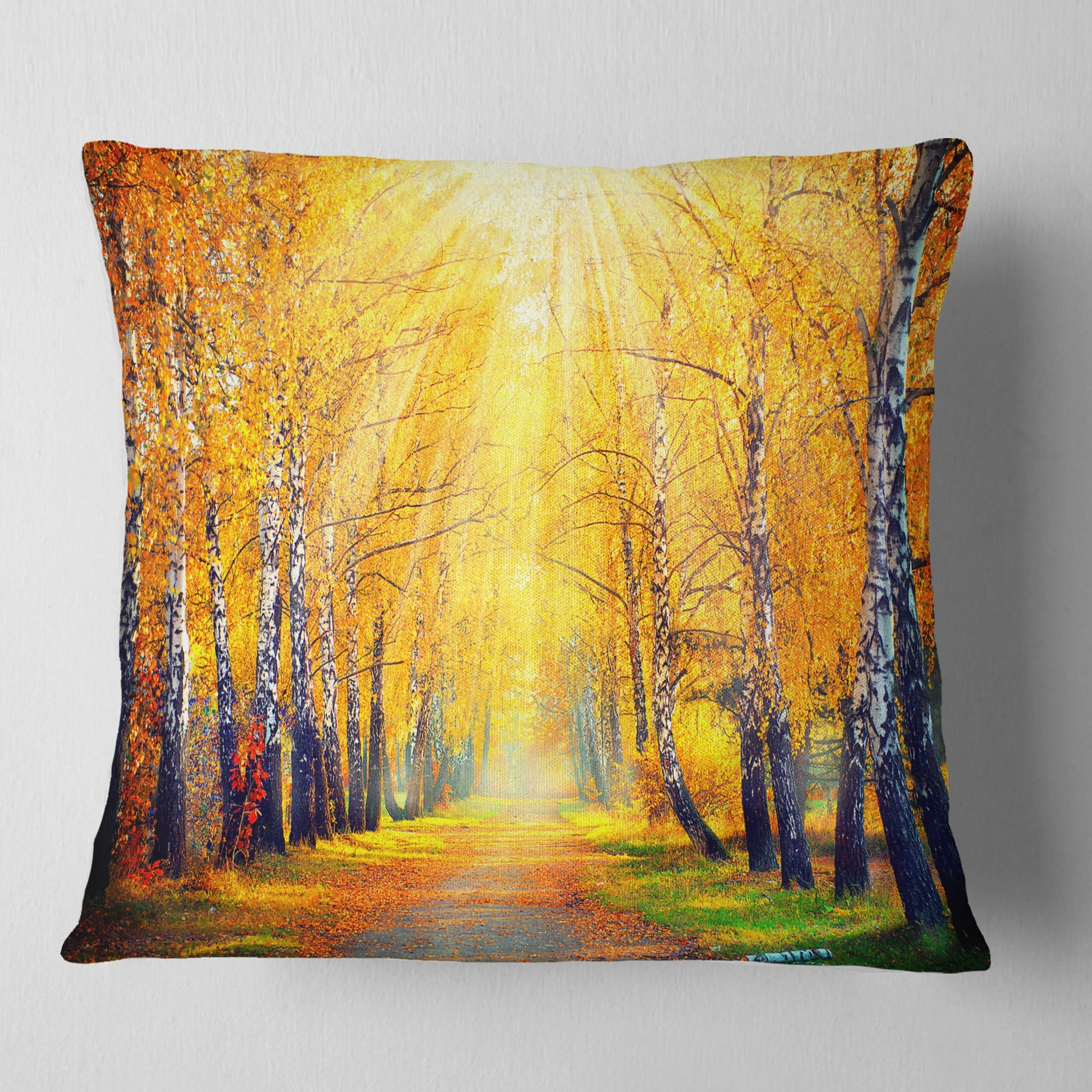 Designart Yellow Autumn Trees in Sunray - Landscape Printed Throw Pillow - 16x16