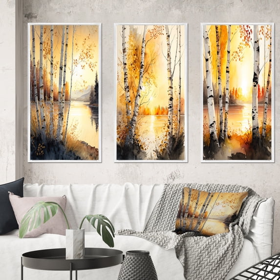 Designart "Yellow Birches by Lakeside Serenity II" Landscape Forest Framed Wall Art Set Of 3 - Yellow Forest Frame Gallery Wall Set For Home Decor