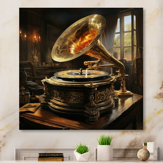 Designart "Yellow Black Phonographs Golden Era harmonies" Music Canvas Print