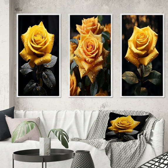 Designart "Yellow Black Rose gracefulness III" Floral Framed Wall Art Set Of 3 - Yellow Flowers Frame Canvas Set For Living Room Decor