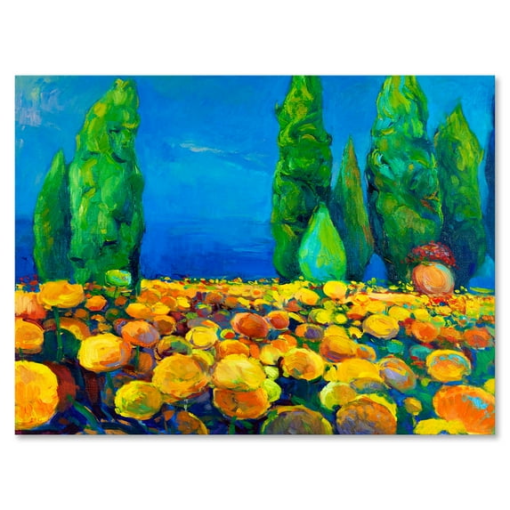 Designart ' Yellow Blossoming Flowers Landscape With Green Trees ' Traditional Canvas Wall Art Print