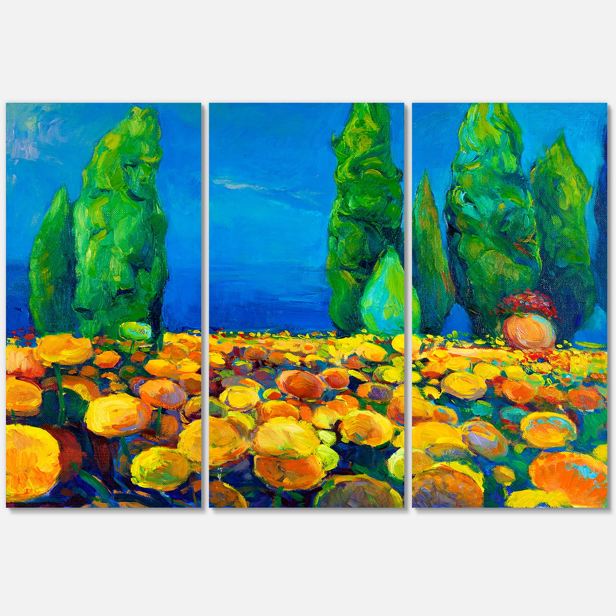 Designart ' Yellow Blossoming Flowers Landscape With Green Trees ' Traditional Canvas Wall Art Print