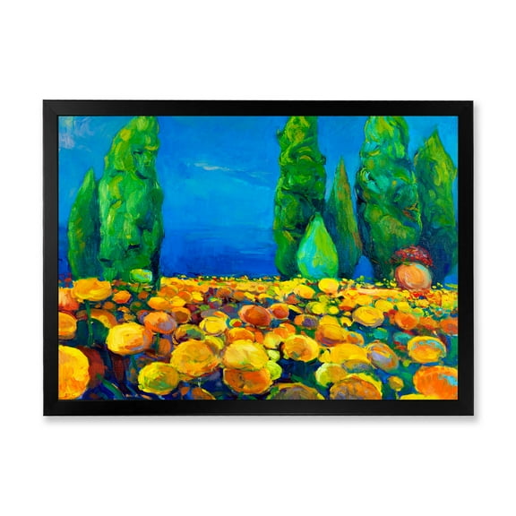 Designart 'Yellow Blossoming Flowers Landscape With Green Trees' Traditional Framed Art Print