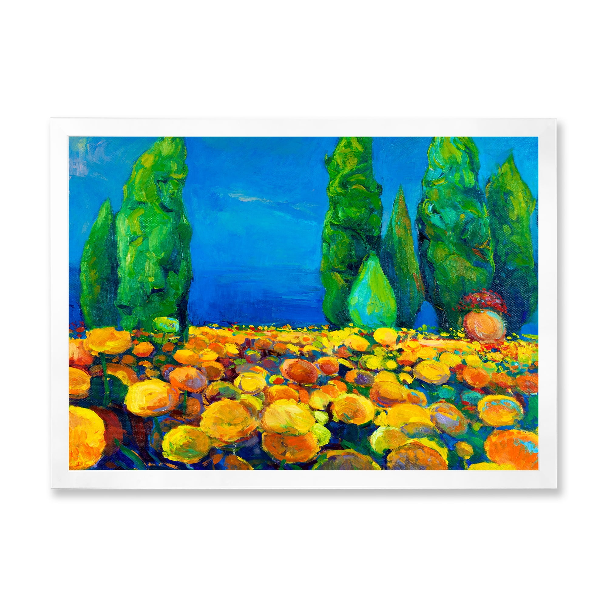 Designart 'Yellow Blossoming Flowers Landscape With Green Trees' Traditional Framed Art Print
