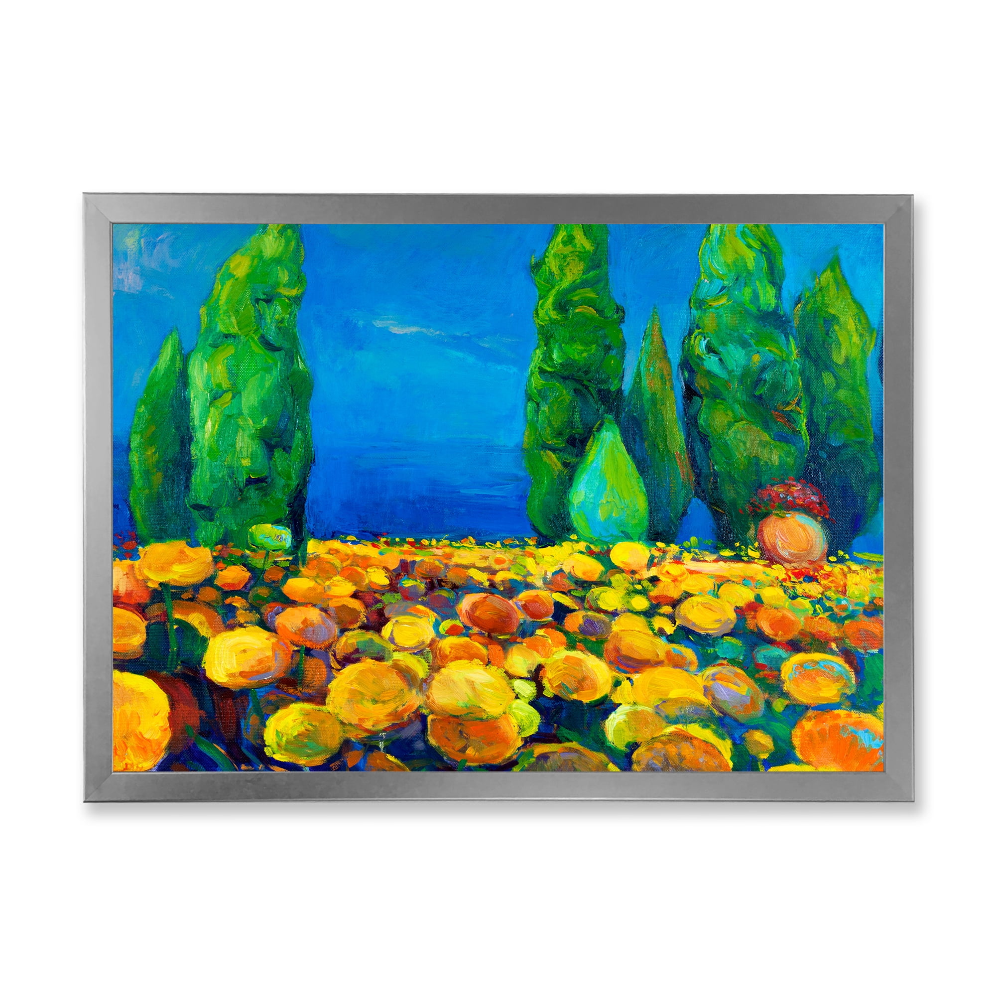 Designart 'Yellow Blossoming Flowers Landscape With Green Trees' Traditional Framed Art Print