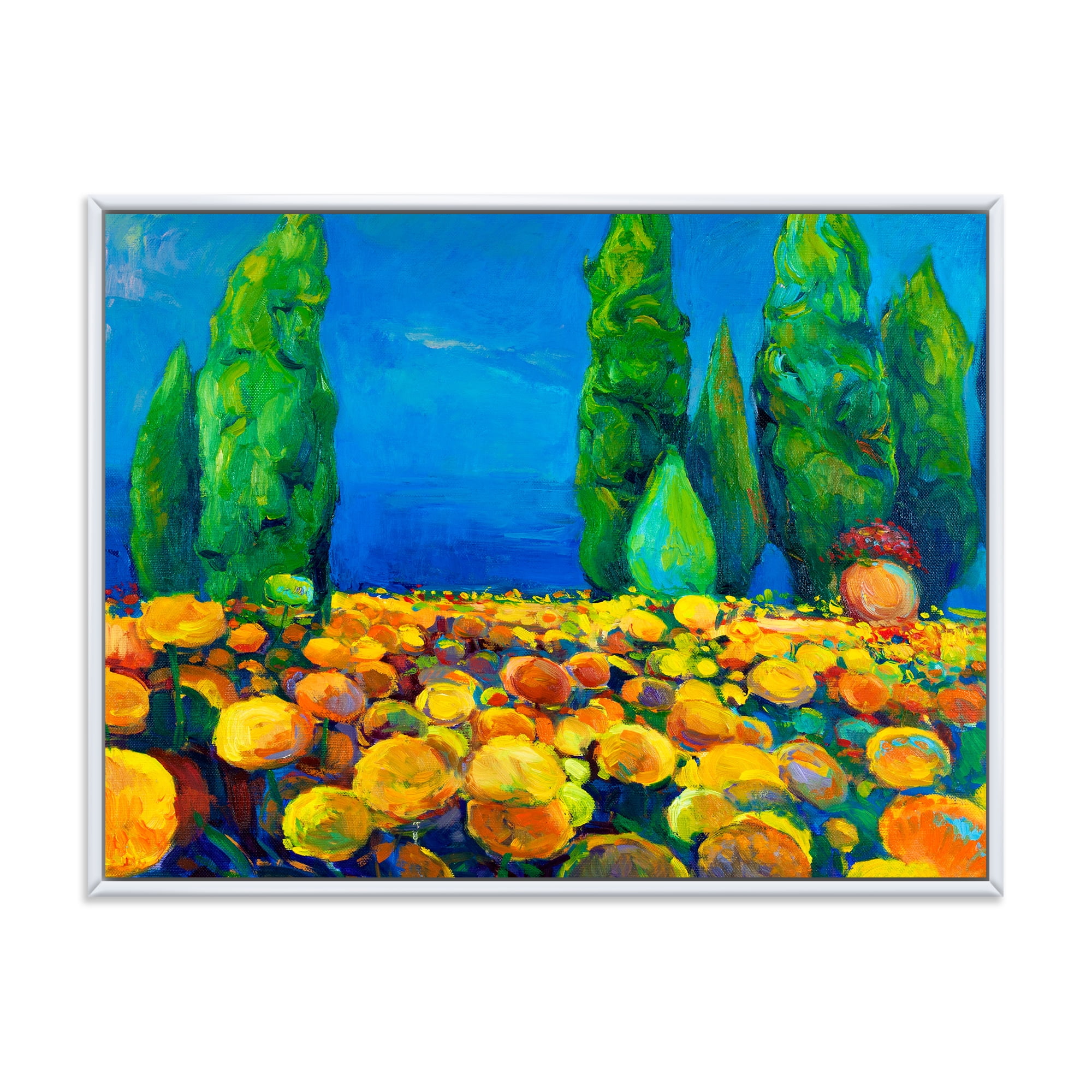 Designart 'Yellow Blossoming Flowers Landscape With Green Trees' Traditional Framed Canvas Wall Art Print