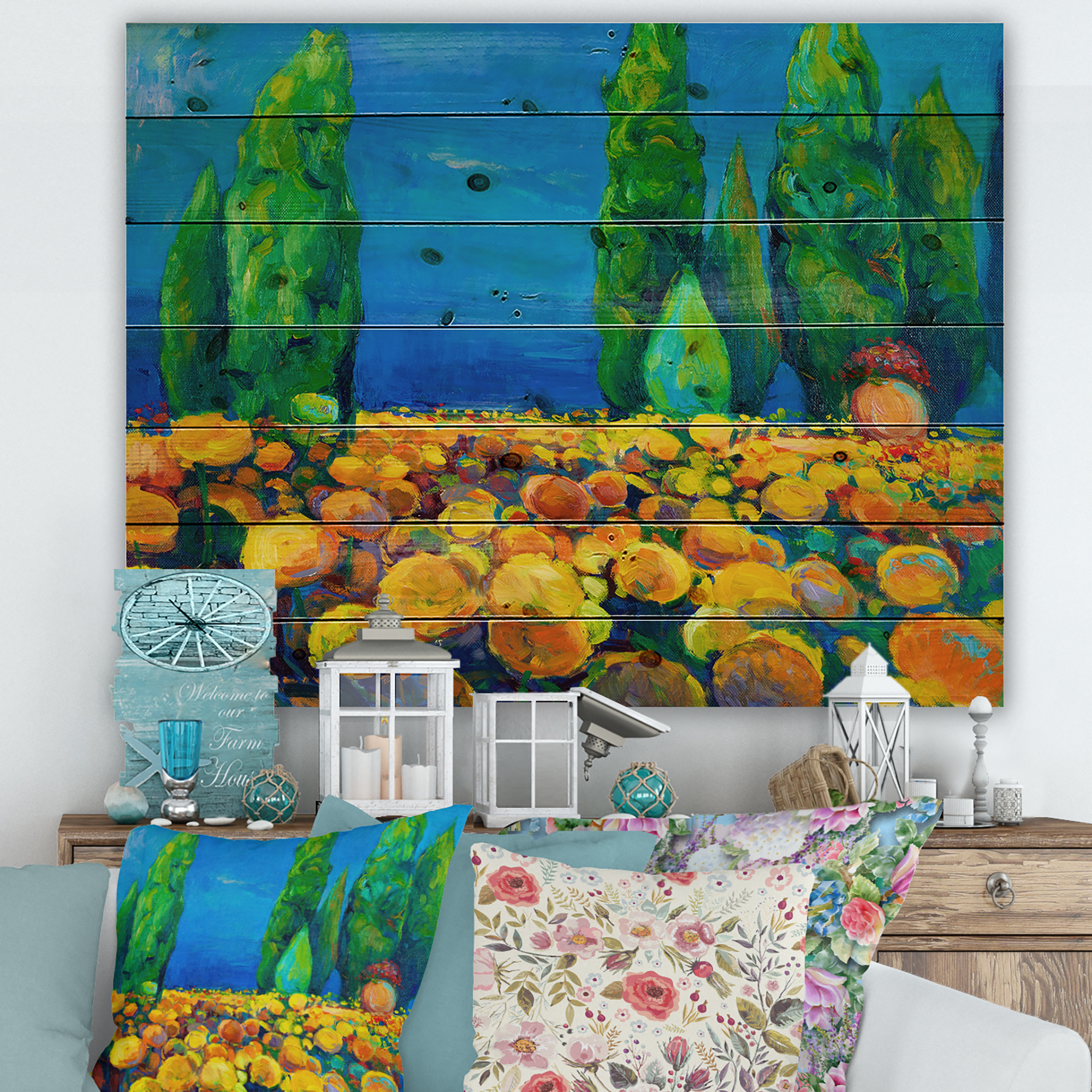 Designart 'Yellow Blossoming Flowers Landscape With Green Trees' Traditional Print on Natural Pine Wood