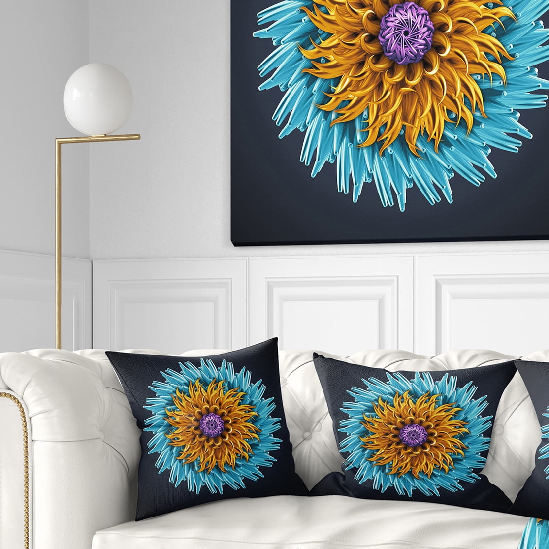 Designart Yellow Blue Abstract 3D Flower - Flowers Throw Pillowwork - 18x18