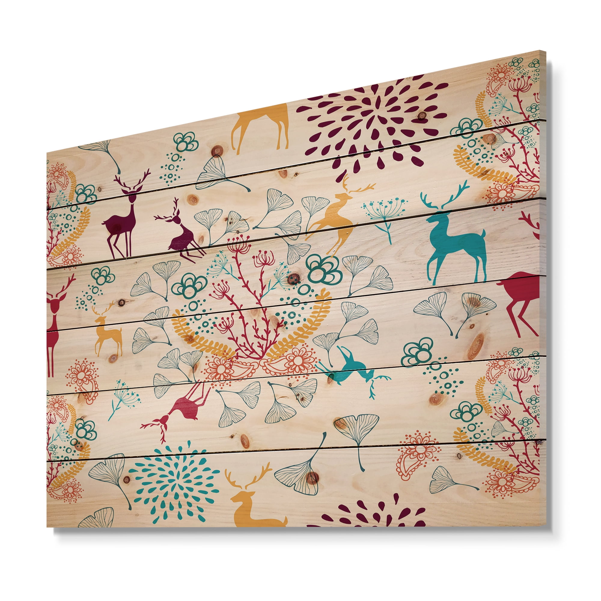 Designart 'Yellow Blue Brown Reindeer christmas pattern ' Print on Natural Pine Wood