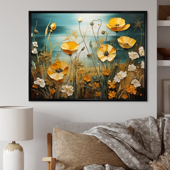 Designart "Yellow Blue Buttercups Golden Glow Collage I" Floral Floater Framed Canvas Print