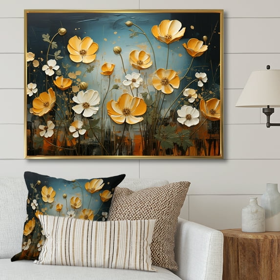 Designart "Yellow Blue Buttercups Golden Glow Collage II" Floral Floater Framed Wall Decor