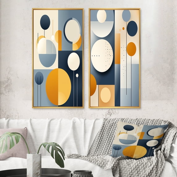 Designart "Yellow Blue Circulars Graphic Geometry II" Modern Midcentury Framed Wall Art Set Of 2 - Mid-Century Blue Gallery Wall Frame Set For Home Decor