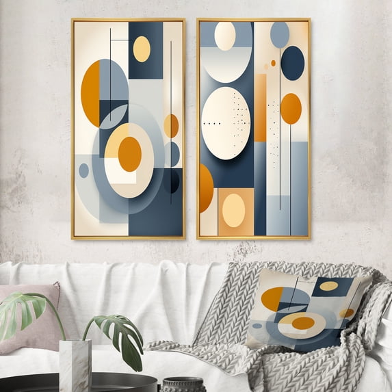 Designart "Yellow Blue Circulars Graphic Geometry III" Modern Midcentury Framed Wall Art Set Of 2 - Mid-Century Blue Framed Wall Art Set Of 2