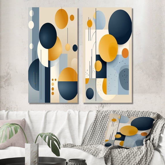 Designart "Yellow Blue Circulars Graphic Geometry IV" Modern Midcentury Wall Art Set Of 2 - Mid-Century Blue Canvas Set For Living Room Decor
