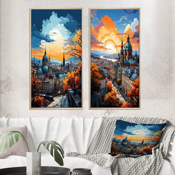 Designart "Yellow Blue City Prague Popart II" Prague Framed Wall Art Set Of 2 - Yellow Cityscapes Framed Canvas Set For Living Room Decor