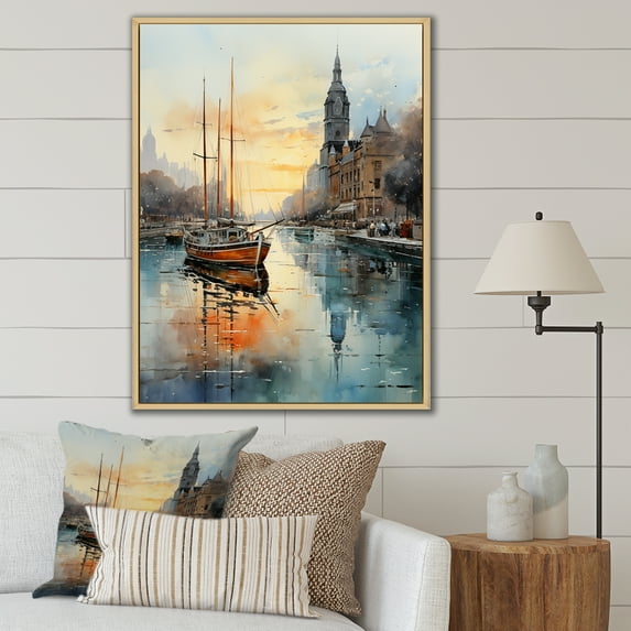 Designart "Yellow Blue New York Harbor Twilight" Cityscapes Floater Framed Canvas Print