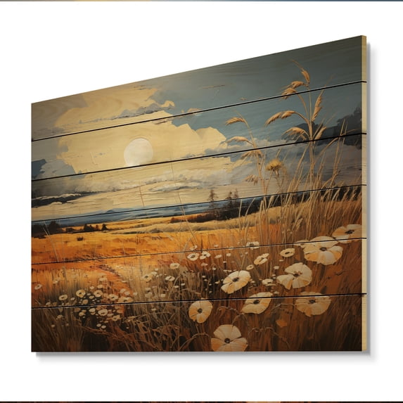 Designart "Yellow Blue Prairies Patchwork II" Landscapes Print on Natural Pine Wood