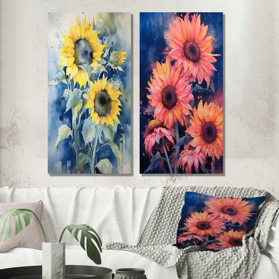Designart "Yellow Blue Sunflower Golden Vibrant Sunflower Fields" Floral Wall Art Set Of 2 - Yellow Floral Gallery Set For Office Decor