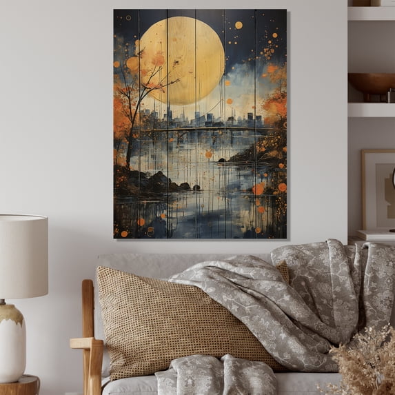 Designart "Yellow Bridge Abstracted Riverine Painting I" Cityscapes Print on Natural Pine Wood