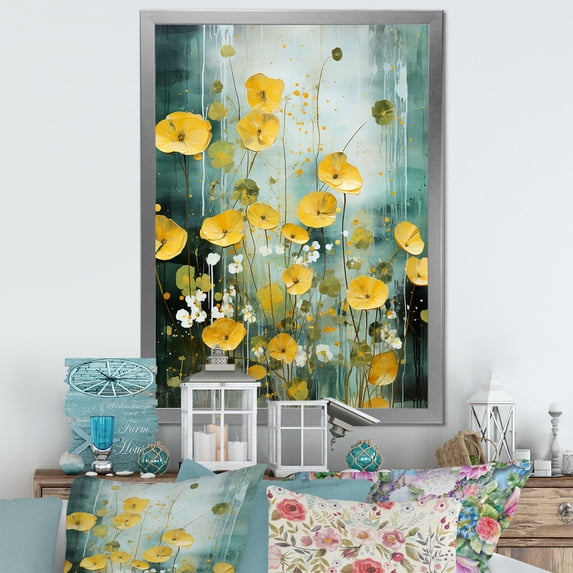 Designart "Yellow Buttercup Flower Beauty I" Floral Framed Wall Art - Traditional Yellow Buttercups Bedroom Framed Canvas Wall Art