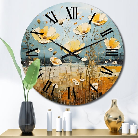 Designart "Yellow Buttercups Buttercup pasture" Floral Oversized Wall Clock