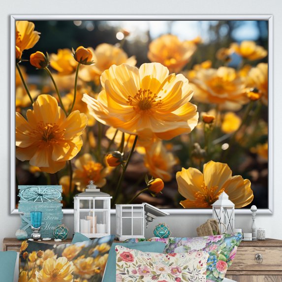 Designart "Yellow Buttercups landscape Sunrise IV" Floral Floater Framed Wall Decor