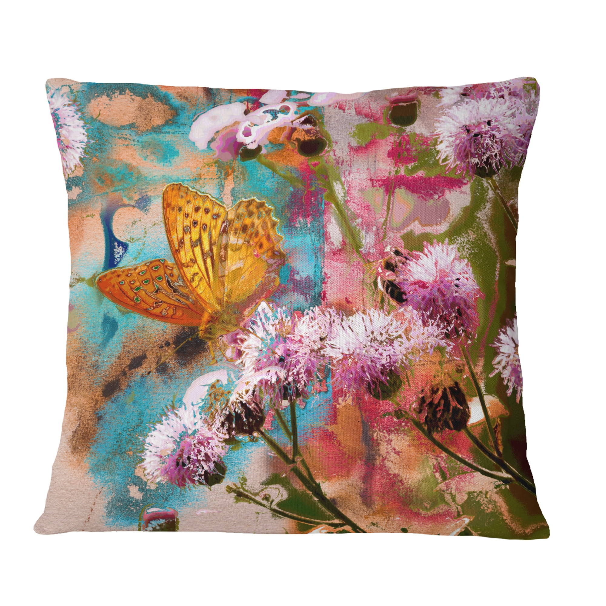 Designart Yellow Butterfly on Thistle Flowers - Floral Throw Pillow - 18x18