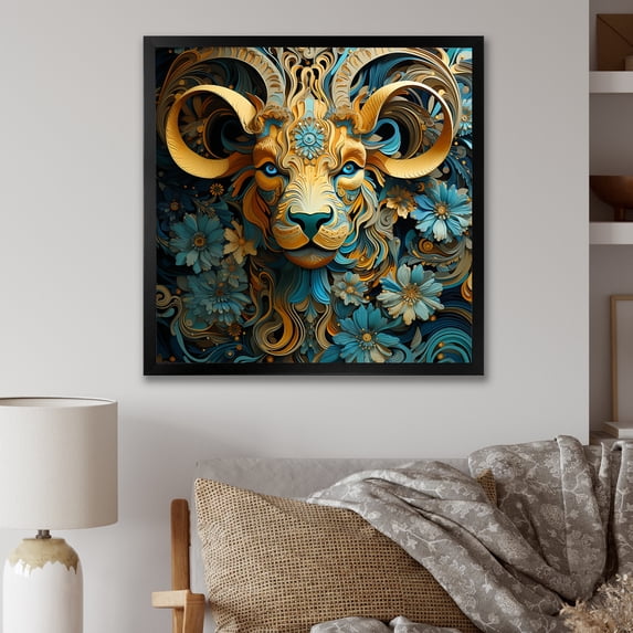 Designart "Yellow Capricorn Goat with Blooms" Animals Framed Wall Art Decor - Modern Yellow Goat Living Room Framed Canvas Art