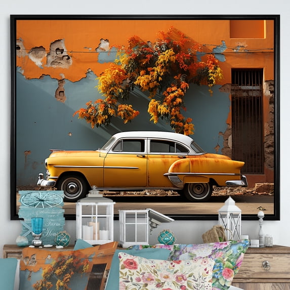 Designart "Yellow Classic Car In Cuba" Cuba Floater Framed Wall Decor
