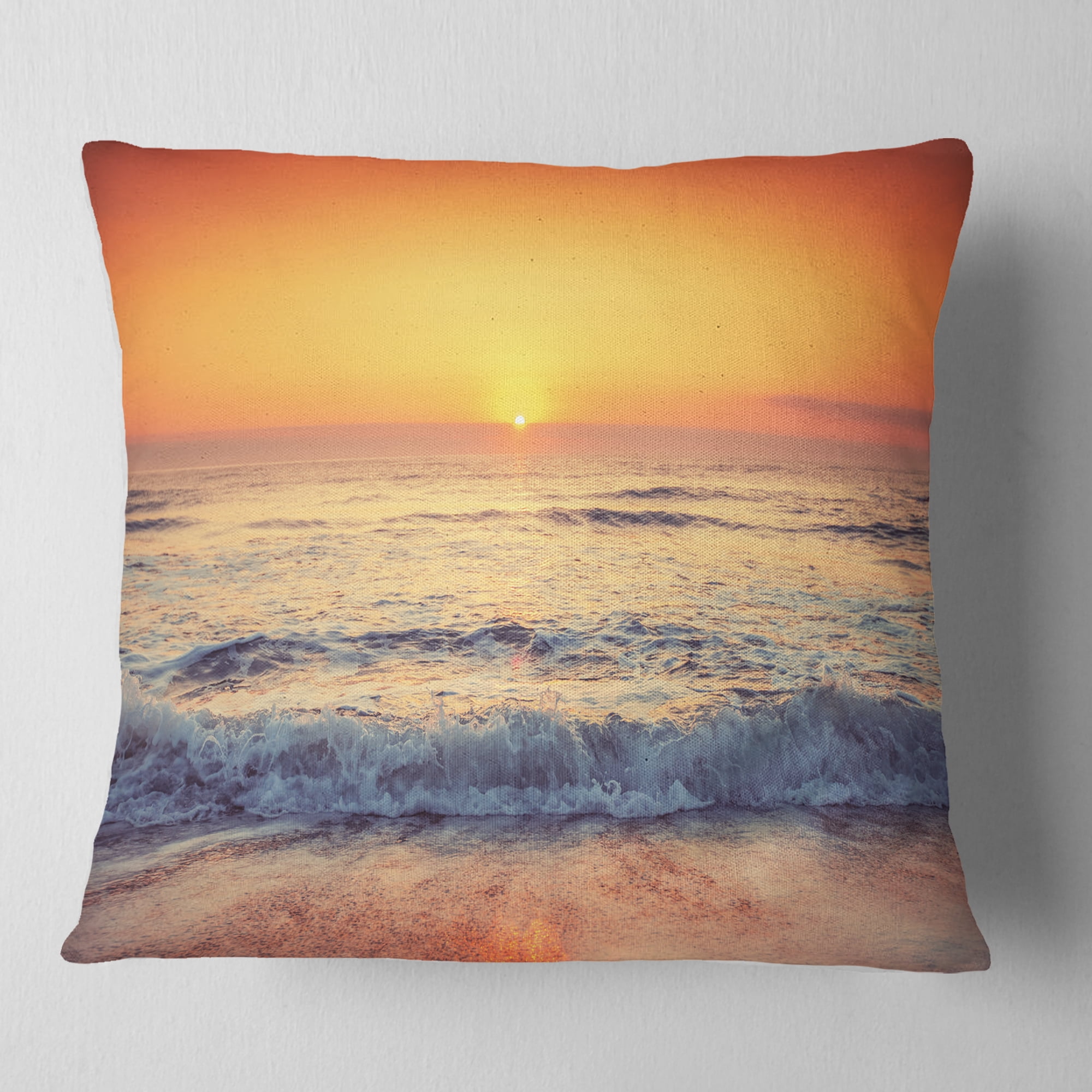 Designart Yellow Cloudscape over Seashore - Beach Throw Pillow - 18x18