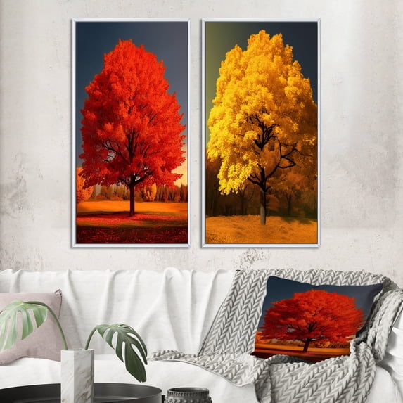 Designart "Yellow Countryside Beauty of a Magnificent Tree" Landscape Trees Framed Wall Art Set Of 2 - Traditional Red Framed Canvas Set For Living Room Decor