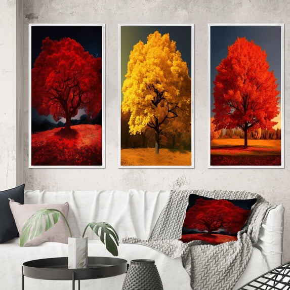 Designart "Yellow Countryside Beauty of a Magnificent Tree" Landscape Trees Framed Wall Art Set Of 3 - Red Trees Frame Gallery Set For Office Decor