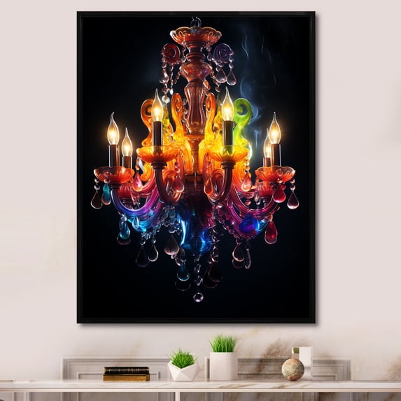 Designart "Yellow Crystal Chandelier Elegance" Fashion Framed Wall Art - Glam Yellow Chandelier Entryway Framed Wall Art