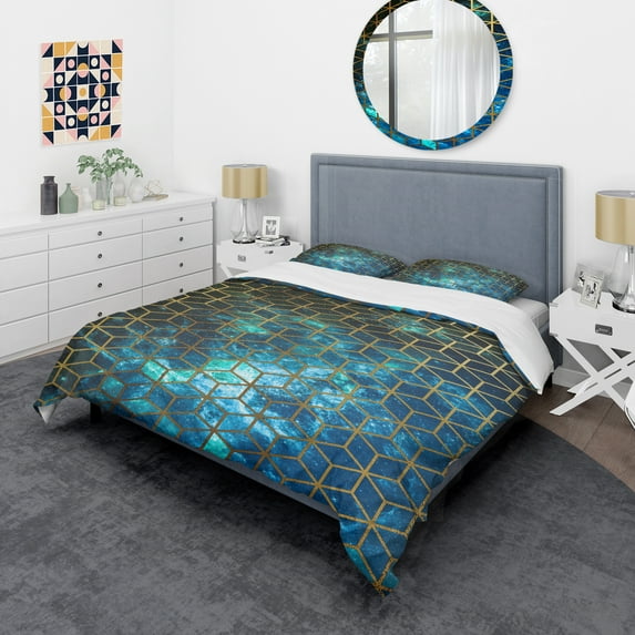 Designart 'Yellow Cubes over Blue Cosmic Background' Modern & Contemporary Duvet Cover Set