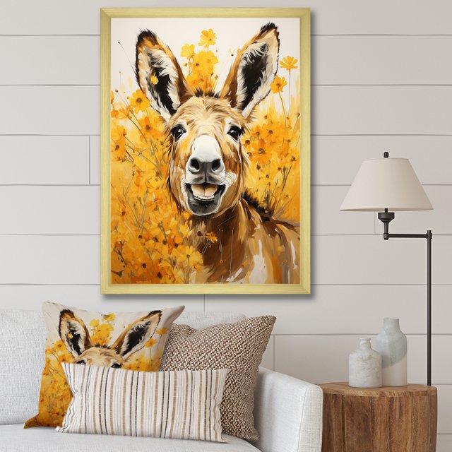 Designart "Yellow Donkey Pastoral Scene" Animals Framed Wall Art