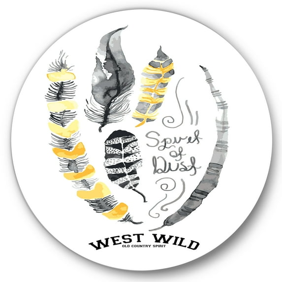 Designart 'Yellow Ethnic Plume Feathers On White' Bohemian & Eclectic Circle Metal Wall Art 23x23 - Disc of 23