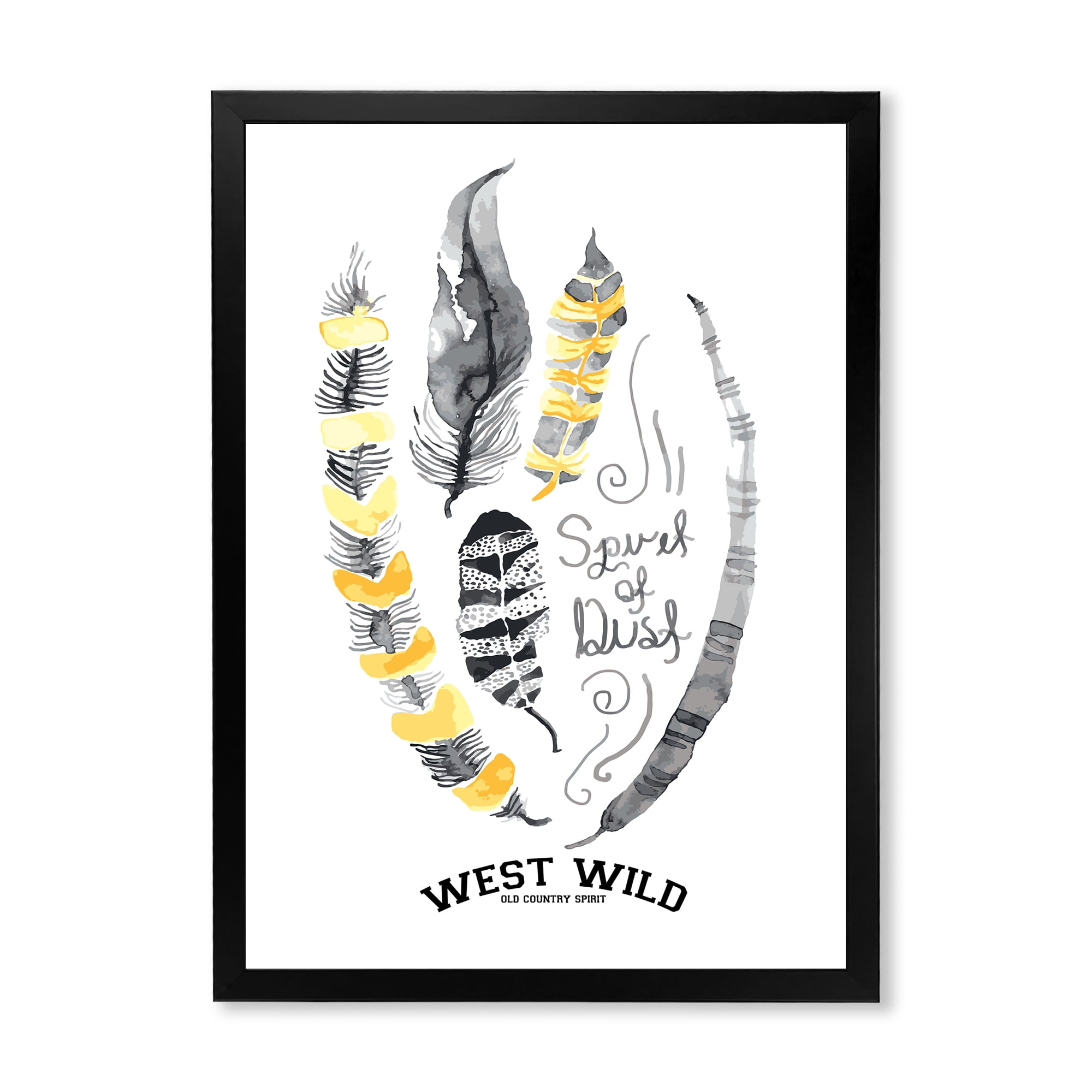 Designart 'Yellow Ethnic Plume Feathers On White' Bohemian & Eclectic Framed Art Print